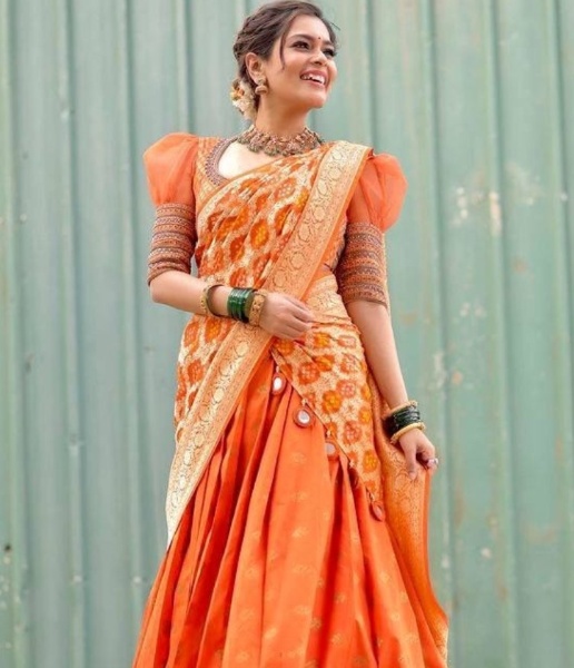 Banarasi Orange Silk Lehenga In South Indian Wedding